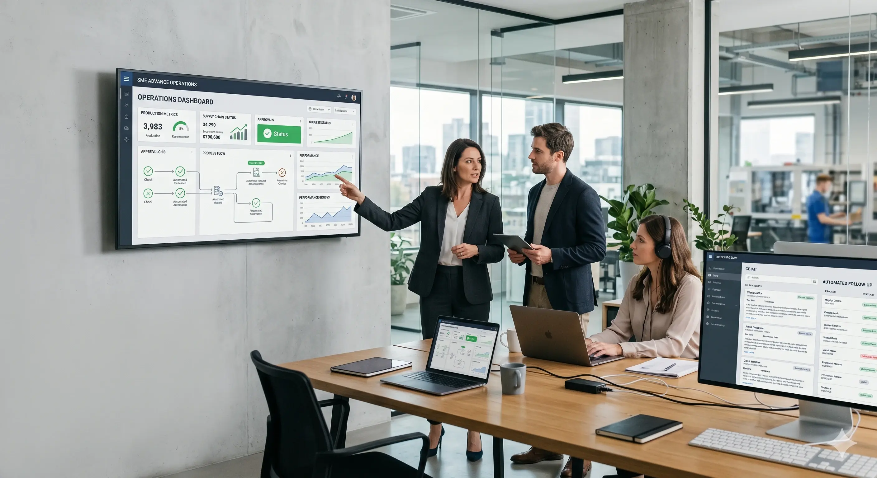 KI-generierte Illustration: Team mit AI- und Operations-Dashboard. Dargestellte Personen sind nicht real.