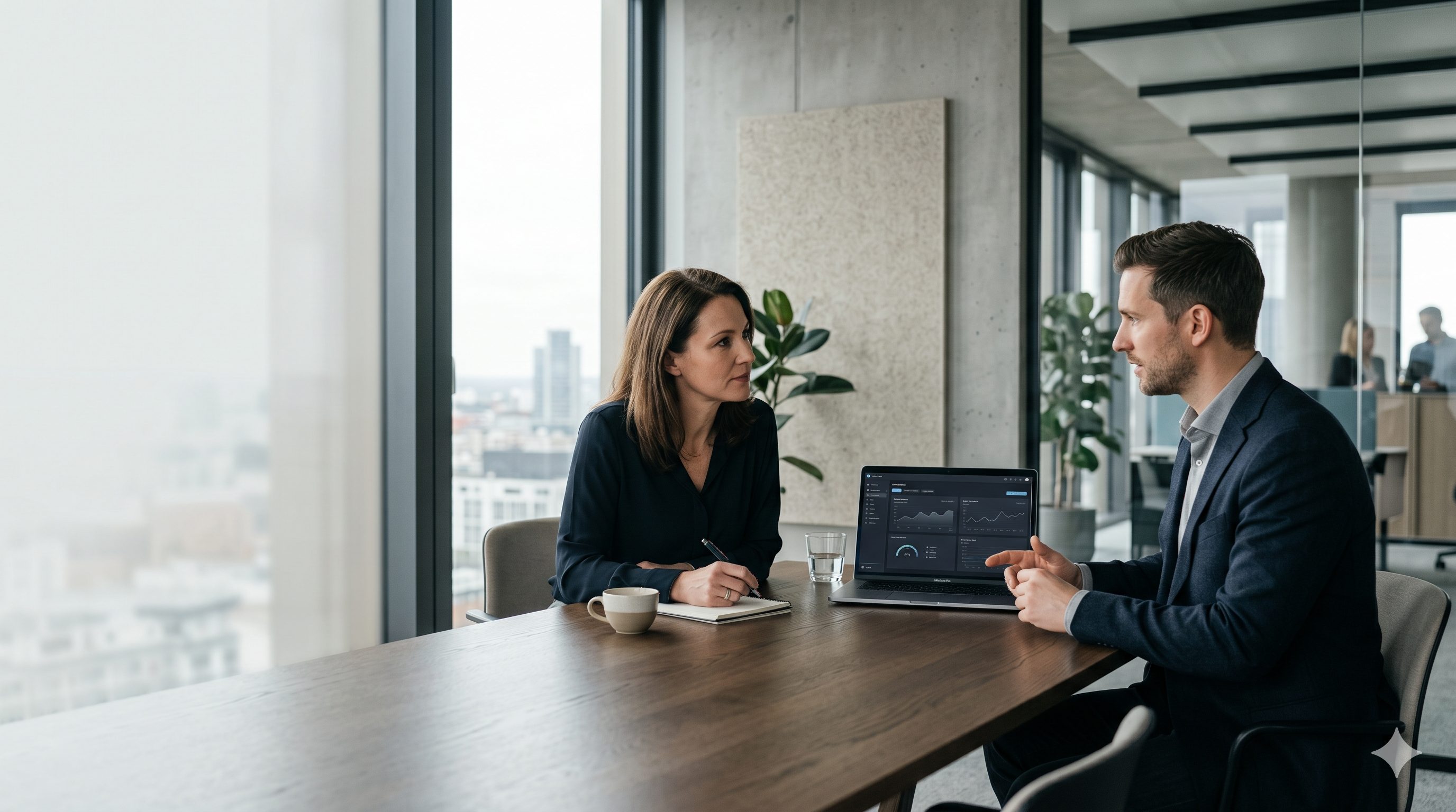 Beratungssituation in modernem Office mit Performance-Dashboard